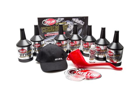 Red Line V-Twin Powerpack Oil Change Kits 90226 Kit, Powerpack, 20W50 Oil, Transmission Oil, Primary Oil, Fuel Injection Cleaner, Sticker Kit, Hat, Funnel, Harley-Davidson®, Kit