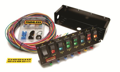 Painless Performance Switch Panels 50303 Panel, Aluminum, Black, 10.62 in. Wide, 3 in. Tall, Fused, Lighted, 8 Rocker Switches, Each