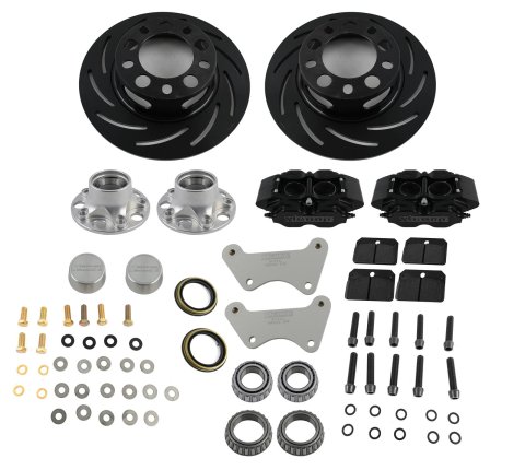 Strange Pro Race Steel Front Brake Kits for 1987-1993 MUSTANG, 1987-1988 THUNDERBIRD - B4145WC Disc Brakes, Front, Slotted Rotors, 4-Piston Black Calipers, Ford, Kit