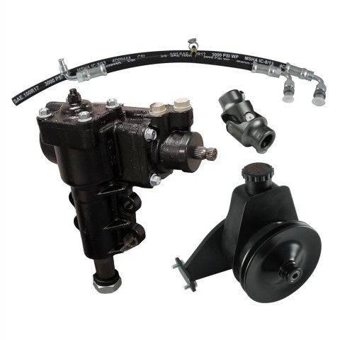Borgeson Power Steering Conversion Kits 999060 and Manual Kits, Box, Pump Kit, Pump Bracket and Pulley, DD Universal Joint, Hoses, Black Painted, Ford, Kit