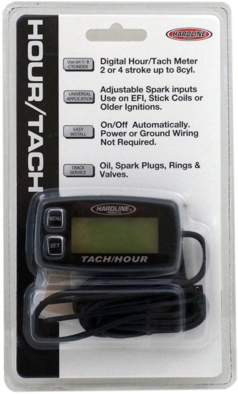 Hardline Products Hour Meters HR-8062-2 Gauge, Meter/Tach, Up To 8 Cylinders, 2 And 4 Stroke Motors, Digital Style, Backlit, Black, Each
