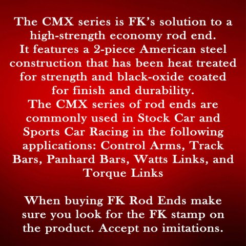 FK CMX Series Rod Ends CMX8 End, Series, 1/2 in.-20, Male Threads, 2-piece, Alloy Steel, 0.500 in. Bore, Each