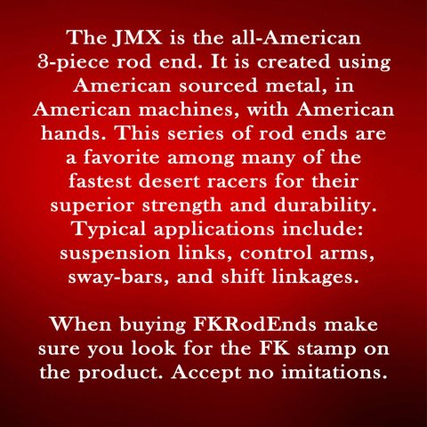 FK JMX/JMXL Series Rod Ends JMX8T End, Series, 1/2 in.-20, Male Threads, 3-piece, Alloy Steel, 0.500 in. Bore, Each