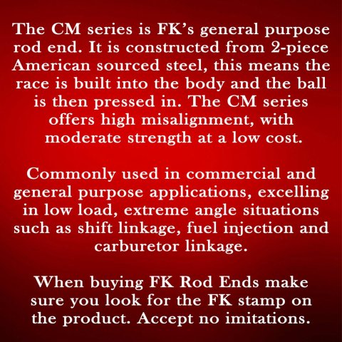 FK CM/CF Series Rod Ends CML6 End, Series, 3/8 in.-24 LH, Male Threads, 2-piece, Low carbon Steel, 0.375 in. Bore, Each