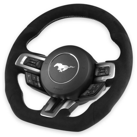 Drake Steering Wheels for 2015-2017 MUSTANG - MU950-06 Wheel, Alcantara, 3 Spoke, Flat Bottom, Silver Stitching, Reuse Airbag and Factory Controls, Black, Ford, Each