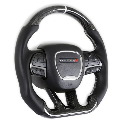 Drake Steering Wheels CH950-19 Wheel, Carbon Fiber with Leather Grips, 3 Spoke, Flat Bottom, Silver Stitching, Heated, Reuse Airbag and Factory Controls, Black, Dodge, Each
