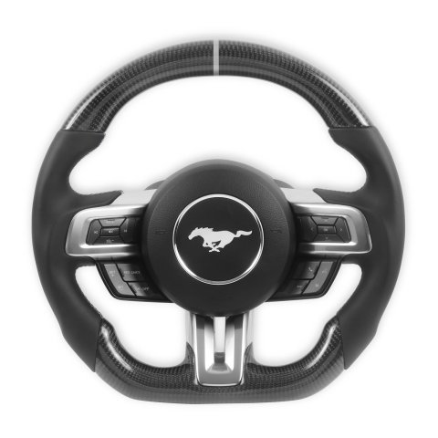Drake Steering Wheels MU950-09 Wheel, Carbon Fiber with Leather Grips, 3 Spoke, Flat Bottom, Silver Stitching, Reuse Airbag and Factory Controls, Black, Ford, Each
