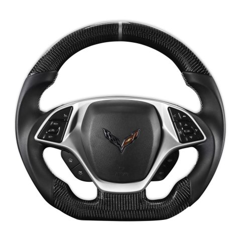 Drake Steering Wheels for 2014-2019 CORVETTE - CV950-21 Wheel, Carbon Fiber with Leather Grips, 3 Spoke, Flat Bottom, Silver Stitching, Reuse Airbag and Factory Controls, Chevrolet, Corvette, Each
