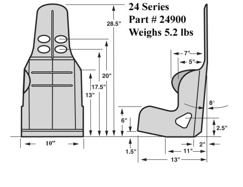 Kirkey 24 Series Aluminum Child Seats 24900 Seat, Aluminum, Seat, Quarter Midget, High Back, 8 Degree Layback, 10 in. Hip Width, Each