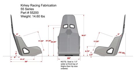 Kirkey 55 Series Aluminum Pro Street Drag Seats 55200 Seat, Drag, Highback Bucket, 10-20 degree Layback, Aluminum, Natural, 20.00 in. Width, Each