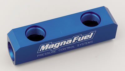 MagnaFuel Fuel Logs MP-7600-02 Block, Log-Type, Billet Aluminum, Blue Anodized, -10 AN Female Inlet, Dual -10 AN Female Outlets, Bracket, Each