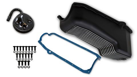 Weiand Oil Pan Packages 6000FWND Pan, Wet, Rear Sump, 4.00 qts., Aluminum, Black, Finned, 7.313 in. Depth, Pickup, Chevrolet, Small Block Gen I, Kit