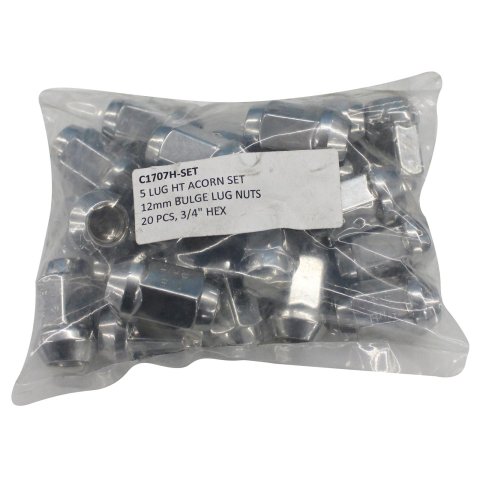 Rocket Racing Standard Lug Nuts C1707H-SET Nuts, Conical Seat, Bulge, Steel, Chrome, 12mm x 1.50 RH, Set of 20
