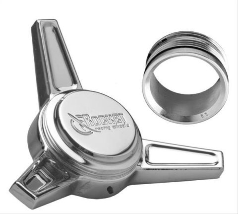 Rocket Racing Vintage-Style Knockoffs RS1-D102 Center Caps, Aluminum, Polished, Screw-On, 3-Bar Spinner, Pair