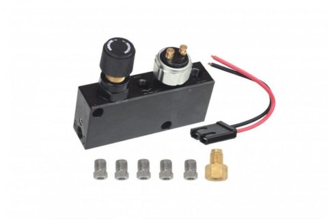 LEED Brakes Adjustable Brake Proportioning Valves PVC-B Valve, Adjustable, Two Inlet, Female Threads, Three Outlet, Female Threads, Aluminum, Black Anodized, Universal, Each