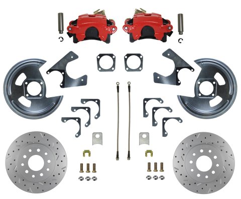 LEED Brakes Rear Disc Brake Conversion Kits RRC1001X Kit, Conversion, Cross-drilled/Slotted Rotors, Red Powdercoated Calipers, Buick, Chevy, GMC, Oldsmobile, Pontiac, Kit