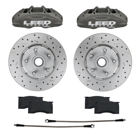 LEED Brakes Front Disc Brake Conversion Kits CC0005RKX Caliper & Rotor Upgrade Kit, Max Grip Lite Caliper, Pad and Hose Kit w/ cross drilled and slot rotors Anodized; Mustang 64-67