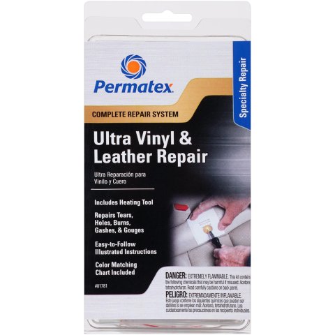 Permatex Ultra Vinyl and Leather Repair Kits 81781 Upholstery Compound, Series, Electric Heat Tool, 7 Color Compounds, Clear Adhesive, Spatula, Grain Paper, Instruction Card, Kit