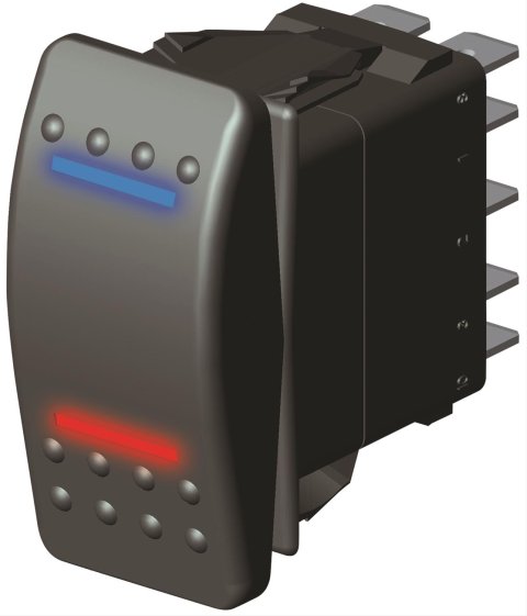 Flex-A-Lite Illuminated 3-Way Switches 119713 Switch, Illuminated, 3-Way, Rocker, Constant, Blue/Red Lighted, 10 amps, Plastic, Black, Spade Terminals, Kit