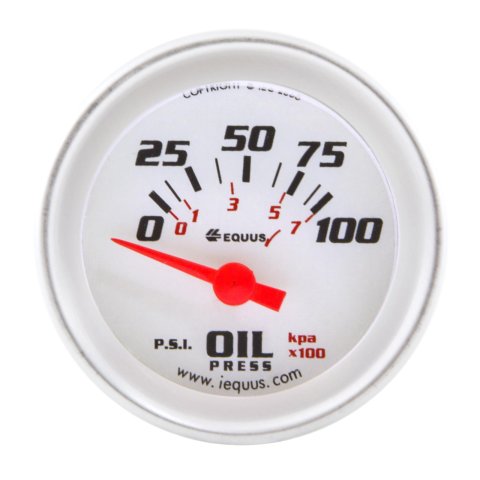 Equus 8000 Series Gauges E8264 Gauge, Series, Oil Pressure, 0-100 psi., 2 in. Diameter, White Face, Analog, Electrical, Each