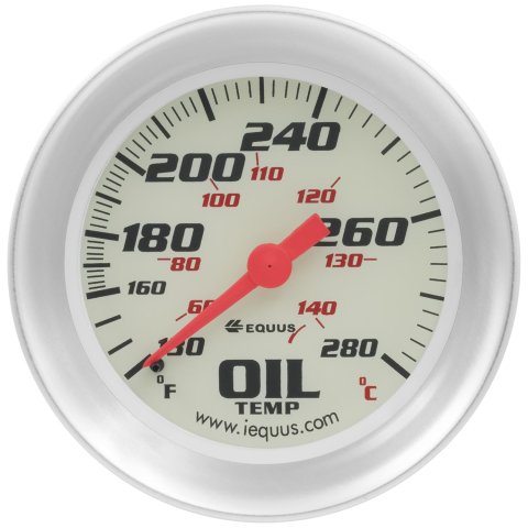 Equus 8000 Series Gauges E8443 Gauge, Series, Oil Temp, 2-5/8", 130-280 F, 270 Deg Sweep, Mech, White, Silver, Each