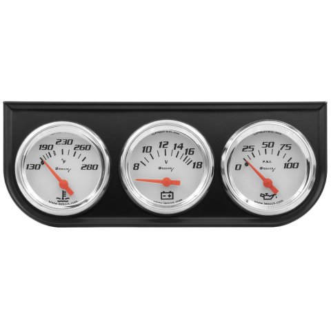 Equus 5000 Series Gauges E5200 Gauge Kits and Instrument Cluster, Series, Triple Gauge Set, 2.0 in. Diameter, Analog, Oil/Volt/Water Temperature, White Face, Chrome Bezel, Each