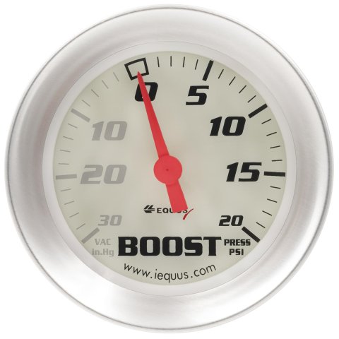 Equus 8000 Series Gauges E8457 Gauge, Series, Boost/Vacuum, 30 in. Hg/20 psi, 2 5/8 in. Diameter, White Face, Analog, Mechanical, Each