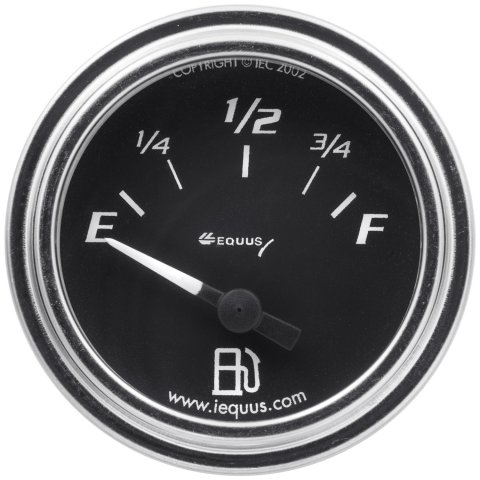 Equus Analog Gauge Line Gauges E7362 Gauge, Fuel Level, Chrome Bezel, Black Face, White Numbers, 0 Ohm Empty, 90 Ohm Full, Back Lit, Each