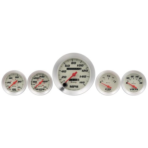 Equus 8000 Series Gauges E8500 Gauge Kits, Analog, Series, Oil Pressure, Speedometer, Water Temperature, Fuel Level, Black Numbers, White Face, Illuminated, Satin Bezel, Kit
