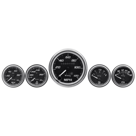 Equus 7000 Series Gauges E7500 Gauge Kits, Analog, Series, Oil Pressure, Speedometer, Water Temperature, Fuel Level, White Numbers, Black Face, Illuminated, Kit