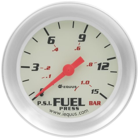 Equus 8000 Series Gauges E8434 Gauge, Series, Fuel Pressure, 2-5/8", 0-15 PSI, 270 Deg Sweep, Mech, White, Silver