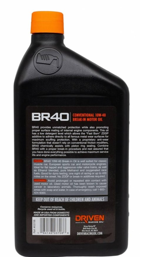 10w40 Driven Racing Oil BR40 Conventional Break-In Motor 03706 Engine Oil, BR40, Break-In, Mineral, 10W40, ZDDP Enhanced, 1 qt., Each