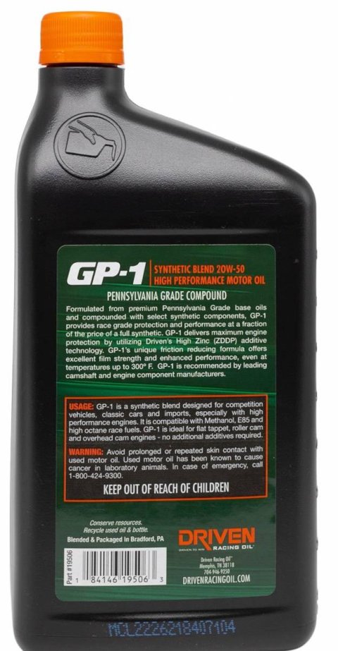 20w50 Driven Racing Oil GP-1 Synthetic Blend High Performance Motor 19506 Engine Oil, Performance, Semi-synthetic, 20W50, 1 qt., Each