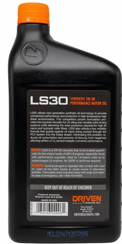 5w30 Driven Racing Oil LS30 High Performance Motor 02906 Engine Oil, Performance, Synthetic, 5W30, 1 qt., Each