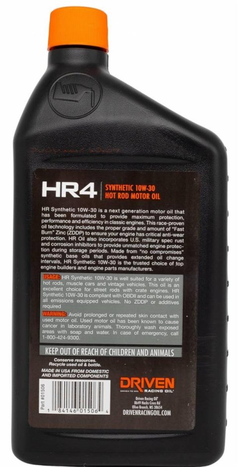 10w30 Driven Racing Oil HR4 Synthetic High Performance Motor 01506 Engine Oil, HR-4 Performance, Synthetic, 10W30, 1 qt., Each