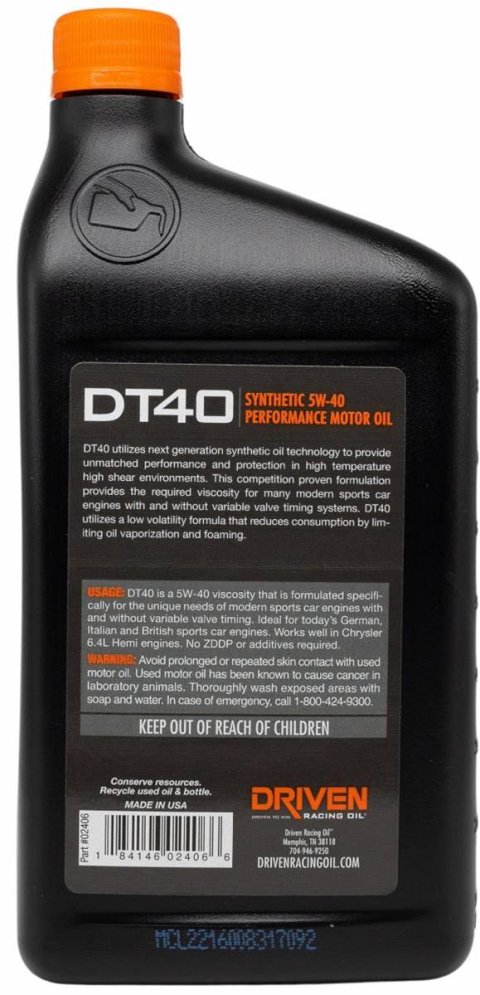 5w40 Driven Racing Oil DT40 High Performance Motor 02406 Engine Oil, DT40, Synthetic, 5W40, 1 qt., Each