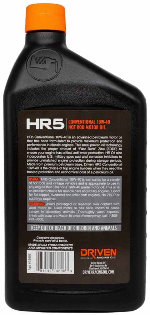10w40 Driven Racing Oil HR5 Hot Rod Motor 03806 Engine Oil, HR-5 Conventional, Rod, Mineral, 10W40, 1 qt., Each
