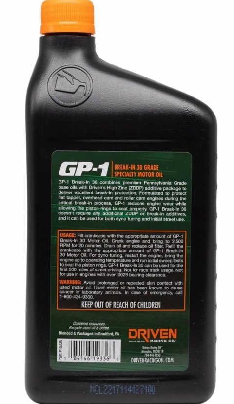 30 Driven Racing Oil GP-1 High Performance Break-In Motor 19336 Engine Oil, Break-In, Mineral, 30W, 1 qt., Each
