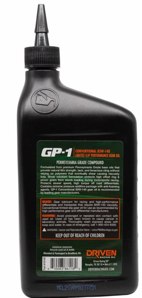 85W140 Driven Racing Oil GP-1 Gear 19140 Oil, GP-1, 85W140, Limited Slip Additive, 1 qt., Each