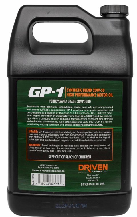 20w50 Driven Racing Oil GP-1 Synthetic Blend High Performance Motor 19508 Engine Oil, Oil, 20W50, ZDDP Enhanced, 1 Gallon, Each
