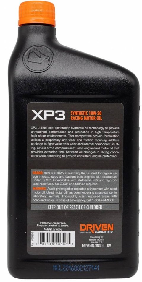 10w30 Driven Racing Oil XP3 Synthetic Motor 00306 Engine Oil, XP3, Racing, Synthetic, 10W30, ZPPD Enhanced, 1 Quart, Compatible with Methanol/High Octane Race Fuels, Each