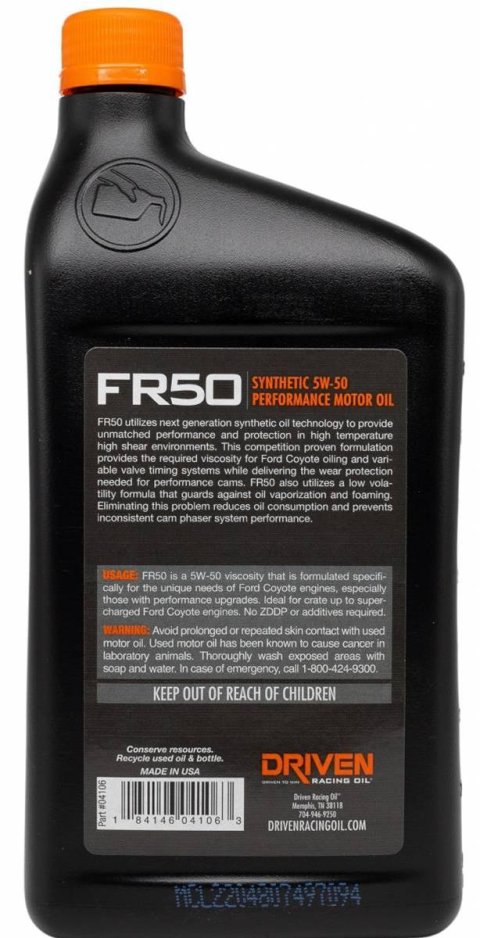 5w50 Driven Racing Oil FR50 High Performance Motor 04106 Engine Oil, Performance, Synthetic, 5W50, 1 qt., Each