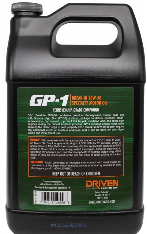 20w50 Driven Racing Oil GP-1 High Performance Break-In Motor 19556 Engine Oil, GP-1, Break-In, ZDDP Enhanced, 20W50, Conventional, 1 Gallon, Each