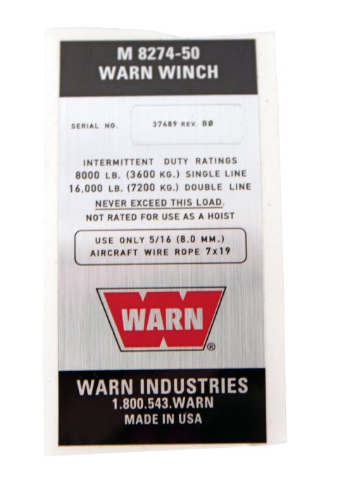 Warn Winch Replacement Nameplates 37489 Parts, Nameplate, Fits M8274-50 Winch, Each
