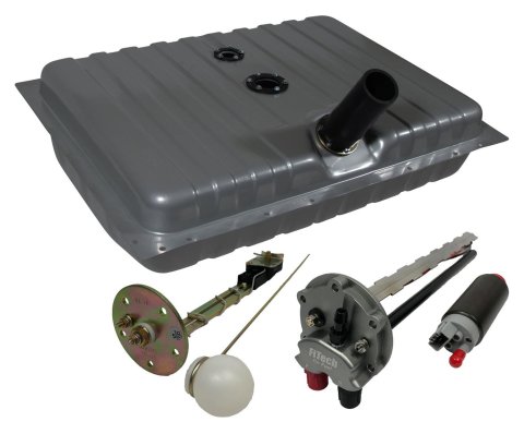 FiTech Go EFI Fuel Tank Kits for 1969-1970 COUGAR, MUSTANG - 58013 Tank, 22 Gallon, Steel, Silver Powdercoated, Ford, Mercury, Kit
