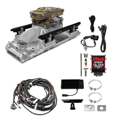 FiTech Ultra Port EFI BBC Systems 30-11-414 Fuel Injection Systems, EFI, Intake Manifold, Gold Throttle Body, ECM, Gasoline, E85, 1000 HP, Chevy, Big Block, Oval Port, Kit