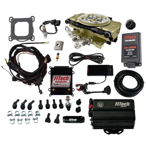 FiTech Go EFI Classic 650 HP System Force Fuel/Go-Spark Fuel Injection Master Kits 93558 Gold With Mini Delivery & Spark CDI Box Kit
