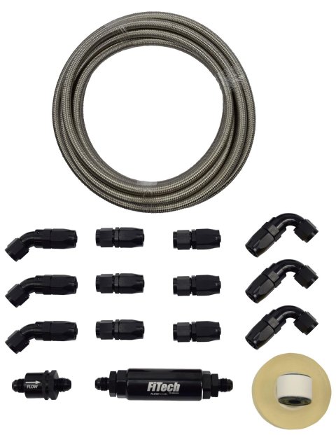 FiTech Stainless Steel Fuel Line Kits 51001 Plumbing Kit, 20 ft, Braided Stainless, With 40 Micron Filter, Check Valve, Kit