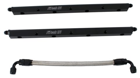 FiTech Fuel Rails 71050-2 Rails, Ultimate, -6 AN, with Fittings/Hardware and Crossover Hose, Billet Aluminum, Black, Chevy, Small Block, LS3, Pair