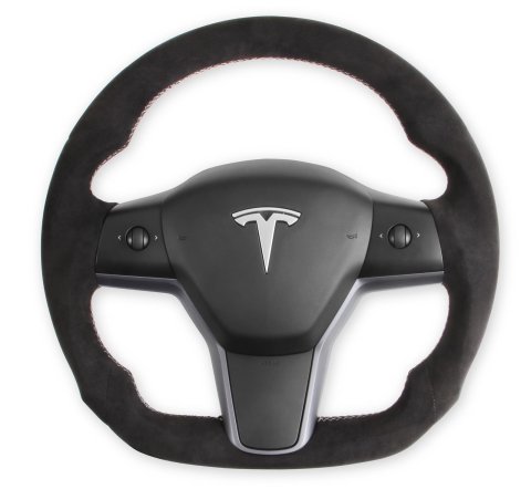 REKUDO Steering Wheels RK950-02 Wheel, Alcantara, 3 Spoke, Flat Bottom, Silver Stitching, Reuse Airbag and Factory Controls, Black, Tesla, Each